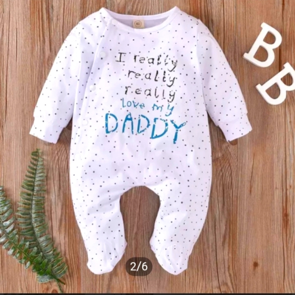 I Really Love My Daddy Long Sleeves Polka Dots Jumpsuit Outfit (Sz 0-3M)